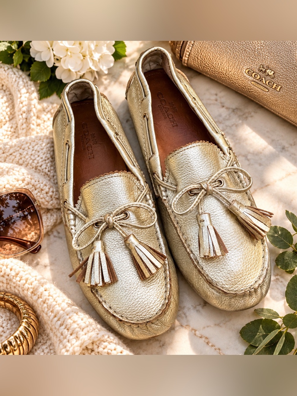 Coach Metallic Gold Leather Driving Loafers | Size 10